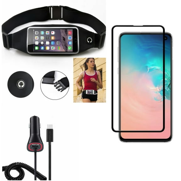 Galaxy S10e Running Waist Bag w Quick Car Charger w Screen Protector - Belt Band Sports Gym Workout, Type-C Power Adapter, Tempered Glass 5D Curved Edge for Samsung Galaxy S10e Phone
