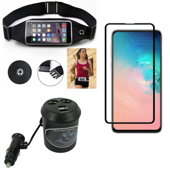 Galaxy S10e Running Waist Bag w Screen Protector w Car Charger - Belt Band Sports Gym Workout, Tempered Glass 5D Curved Edge, Cup Holder 2-Port Power for Samsung Galaxy S10e Phone