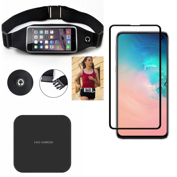 Galaxy S10e Running Waist Bag w Wireless Charger w Screen Protector - Belt Band Sports Gym Workout, Fast 7.5W and 10W Charging Pad, Tempered Glass 5D Curved Edge for Samsung Galaxy S10e Phone
