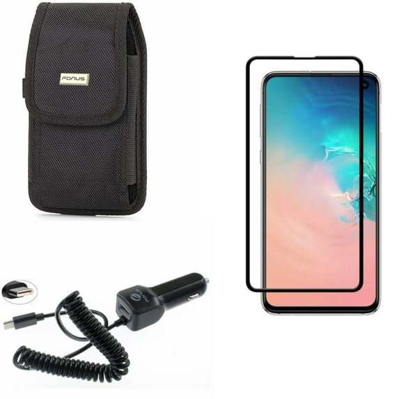 Galaxy S10e Screen Protector w Car Charger w Case Belt Clip - Tempered Glass 5D Curved Edge, 3.1A Type-C Power, Rugged Holster Canvas for Samsung Galaxy S10e Phone