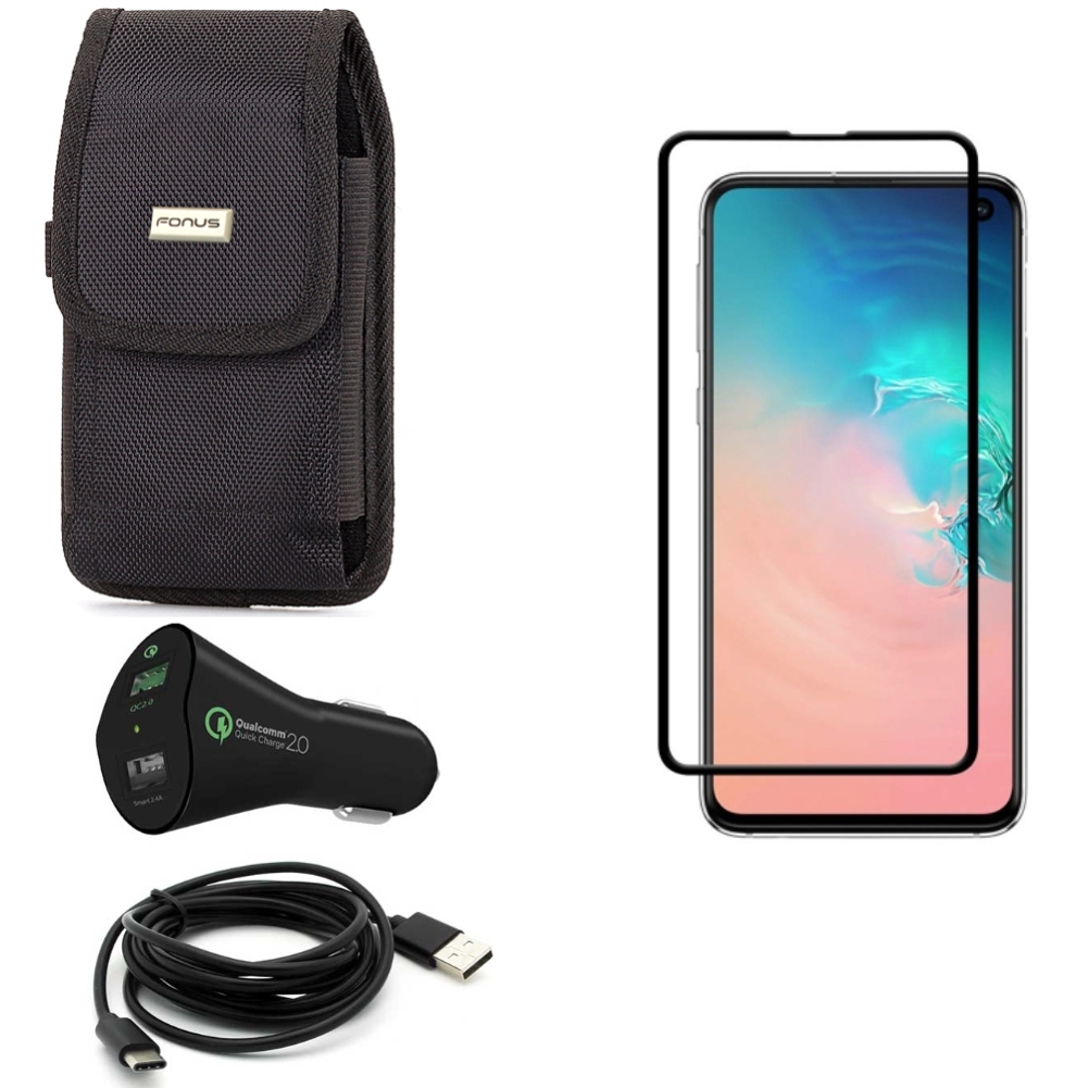 Galaxy S10e Screen Protector w Car Charger w Case Belt Clip - Tempered Glass 5D Curved Edge, 30W Fast 2-Port USB 6ft Cable, Swivel Holster Rugged for Samsung Galaxy S10e Phone - image 1 of 17