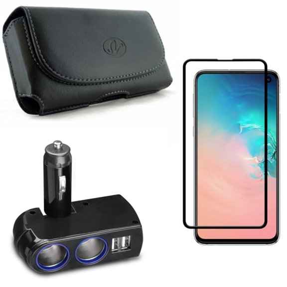 Galaxy S10e Screen Protector w Car Charger Splitter w Case Belt Clip - Tempered Glass 5D Curved Edge, DC Socket 2-Port USB Power, Leather Holster Cover for Samsung Galaxy S10e Phone