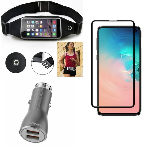 Galaxy S10e Screen Protector w Car Charger w Running Waist Bag - Tempered Glass 5D Curved Edge, 36W Fast 2-Port USB Type-C Cable, Belt Band Sports Gym Workout for Samsung Galaxy S10e Phone