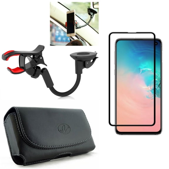 Galaxy S10e Screen Protector w Car Mount w Case Belt Clip - Tempered Glass 5D Curved Edge, Dash Windshield Holder, Leather Holster Cover for Samsung Galaxy S10e