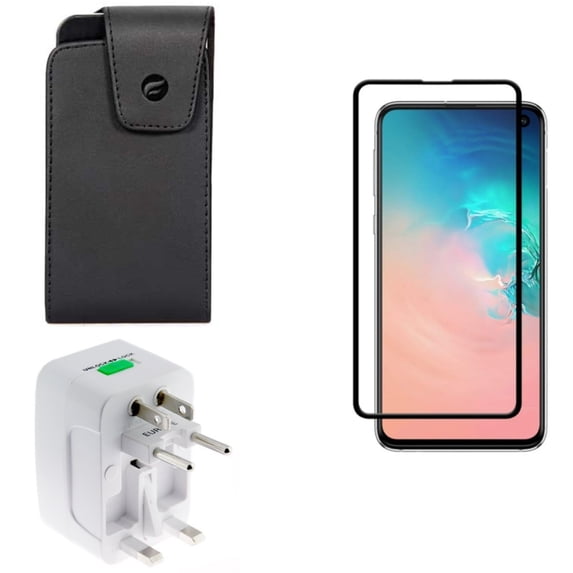 Galaxy S10e Screen Protector w Case Belt Clip w International Charger - Tempered Glass 5D Curved Edge, Leather Swivel Holster, Travel Adapter Plug Converter for Samsung Galaxy S10e Phone