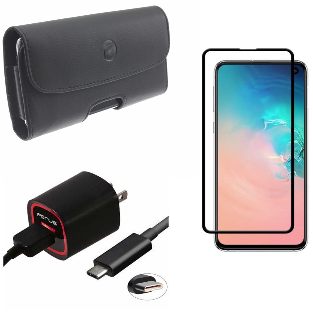 Galaxy S10e Screen Protector w Home Charger w Case Belt Clip - Tempered Glass 5D Curved Edge, Fast 18W USB Cable 6ft TYpe-C, Leather Holster Cover for Samsung Galaxy S10e Phone - image 1 of 16