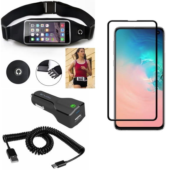 Galaxy S10e Screen Protector w Running Waist Bag w Car Charger - Tempered Glass 5D Curved Edge, Belt Band Sports Gym Workout, 24W Fast 2-Port USB Coiled Cable for Samsung Galaxy S10e Phone