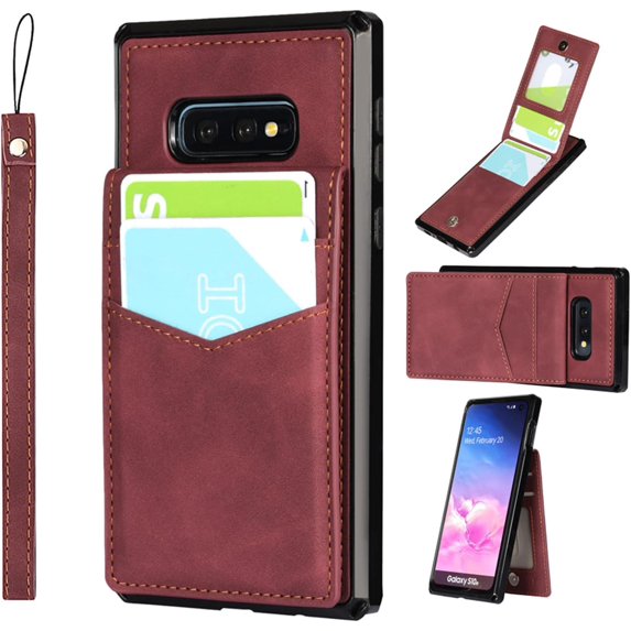 for Galaxy S10e Wallet Case with RFID Blocking Card Holder,Soft PU Leather Magnetic Buttons Portrait Stand with 6 Card Slots Flip Wrist Strap Case for Samsung Galaxy S10e 5.8 Inch,Wine Red