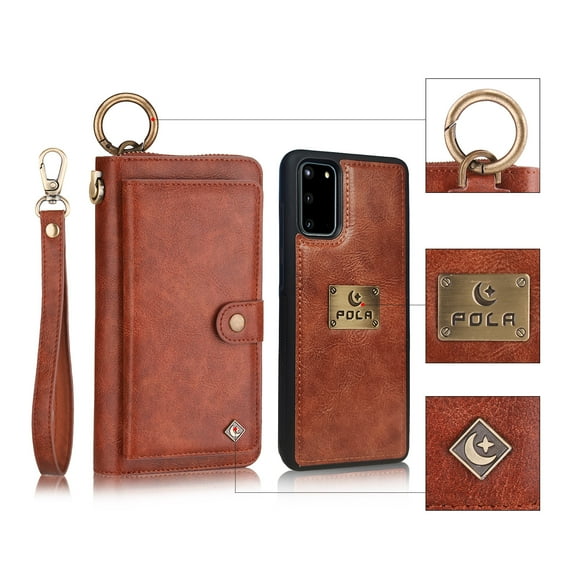 Galaxy S20 Case, Allytech Retro PU Leather Magnetic Detachable Back Cover Zipper Wallet Folio Multiple Cards Slots Purse Wrist Strap Clutch Protective Case Cover for Samsung Galaxy S20 6.2",Brown