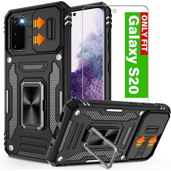 Galaxy S20 Case, Samsung Galaxy S20 Case with Slide Camera Cover and HD Screen Protector, Shockproof Samsung S20 Case with 360° Magnetic Kickstand Phone Case for Samsung S20 Black