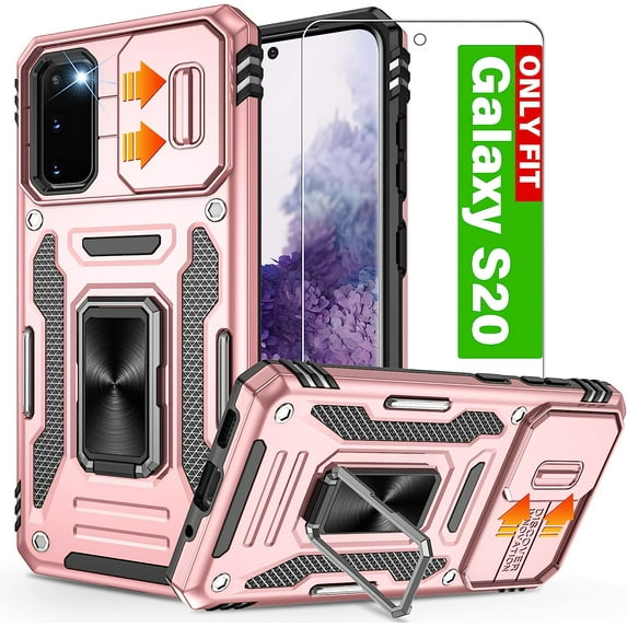 Galaxy S20 Case, Samsung Galaxy S20 Case with Slide Camera Cover and HD Screen Protector, Shockproof Samsung S20 Case with 360° Magnetic Kickstand Phone Case for Samsung S20 Rose Gold