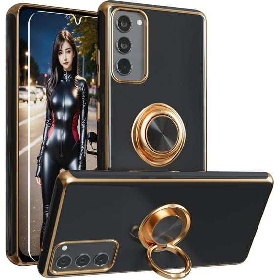 for Galaxy S20 FE 5G Case,+Screen Protector,with Magnetic Kickstand,Built-in 360° Rotation Ring Holder,Plating Gold Edge Slim Soft TPU Shockproof Protective Case for Samsung Galaxy S20 FE, Black