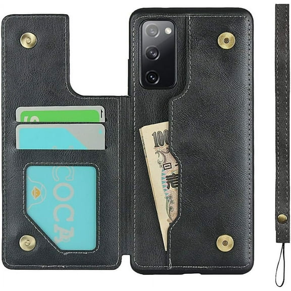 Galaxy S20 FE Luxury PU Leather Case,Credit Card Holder,Cash Slots,Stand Function Soft TPU Back Wallet Case Flip Wrist Strap Multi-Function Case for Samsung Galaxy S20 FE 5G 6.5",Black