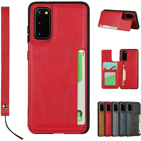 Galaxy S20 Luxury PU Leather Case,Credit Card Holder,Cash Slots,Stand Function Soft TPU Back Wallet Case Flip Wrist Strap Multi-Function Durable Case for Samsung Galaxy S20 6.2",Red