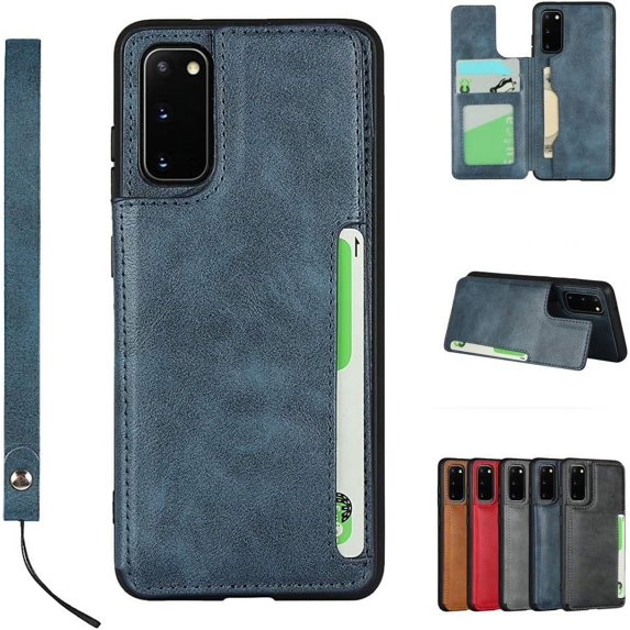 Galaxy S20 Luxury PU Leather Case,Credit Card Holder,Cash Slots,Stand Function Soft TPU Back Wallet Case Flip Wrist Strap Multi-Function Durable Case for Samsung Galaxy S20 6.2",Blue