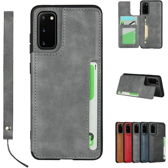 Galaxy S20 Luxury PU Leather Case,Credit Card Holder,Cash Slots,Stand Function Soft TPU Back Wallet Case Flip Wrist Strap Multi-Function Durable Case for Samsung Galaxy S20 6.2",Gray