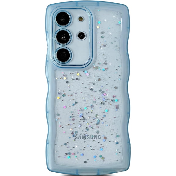 for Galaxy S20+ Plus 5G Case 6.7",Curly Wavy Anti-Slip Grip Design Transparent Bling Glitter Star Shiny Case Cute Clear Sparkly Bumper Protection Soft Phone Cover Case for Women Girls,Blue