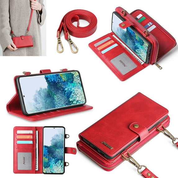 Galaxy S20 Plus Case, Allytech Premium PU Leather Shockproof Stand Detachable Adjustable Shoulder Strap TPU Back Cover Cards Slots Wallet Pocket Case for Samsung Galaxy S20+ Plus, Red