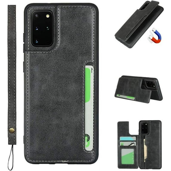 Galaxy S20 Plus Luxury PU Leather Case,Credit Card Holder,Cash Slots,Stand Function Soft TPU Back Wallet Case Flip Wrist Strap Multi-Function Durable Case for Samsung Galaxy S20 Plus 6.7",Black