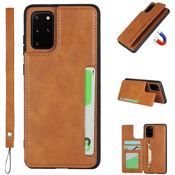 Galaxy S20 Plus Luxury PU Leather Case,Credit Card Holder,Cash Slots,Stand Function Soft TPU Back Wallet Case Flip Wrist Strap Multi-Function Durable Case for Samsung Galaxy S20 Plus 6.7",Khaki