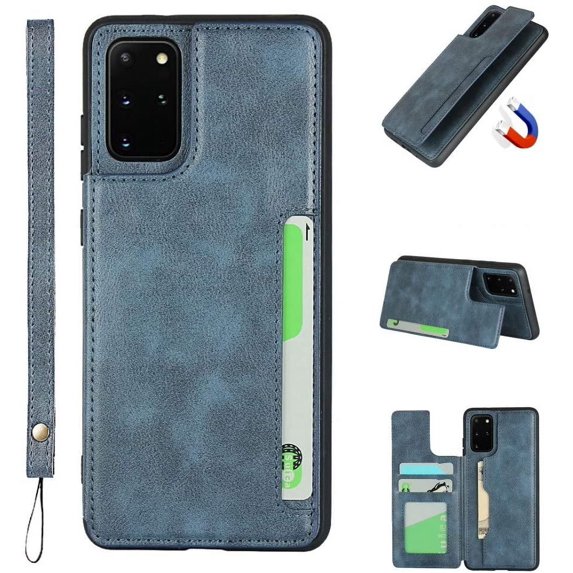 Galaxy S20 Plus Luxury PU Leather Case,Credit Card Holder,Cash Slots,Stand Function Soft TPU Back Wallet Case Flip Wrist Strap Multi-Function Durable Case for Samsung Galaxy S20 Plus 6.7",Blue