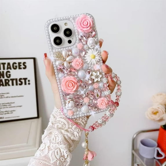 for Galaxy S20 Ultra Bling Case,Luxury Crystal Rhinestone Flowers Glitter Diamond Pearl Women Girls Kids Case Cover with Lanyard for Samsung Galaxy S20 Ultra