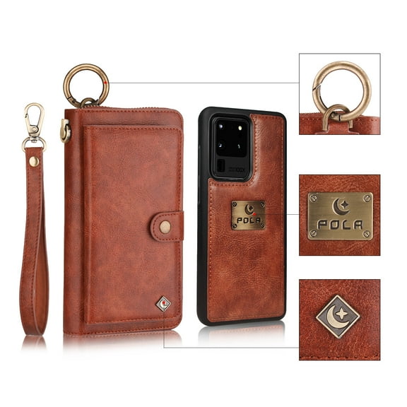Galaxy S20 Ultra Case, Allytech Retro PU Leather Magnetic Detachable Back Cover Zipper Wallet Folio Cards Slots Purse Wrist Strap Clutch Protective Case Cover for Samsung Galaxy S20 Ultra 6.9",Brown