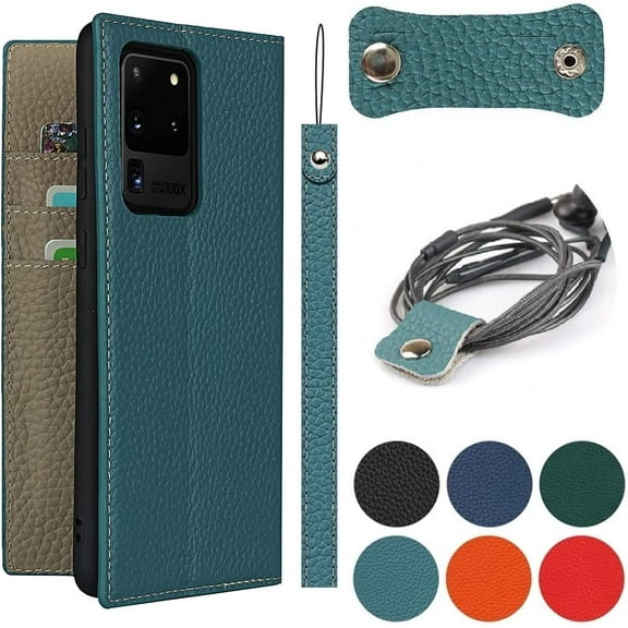 Galaxy S20 Ultra Genuine Cowhide Leather Wallet Case,Headset Winder,Flip Folio Magnetic Closure,Card Slots,Kickstand,Cash Pockets Wrist Strap Case for Samsung Galaxy S20 Ultra,6.9",Light Blue