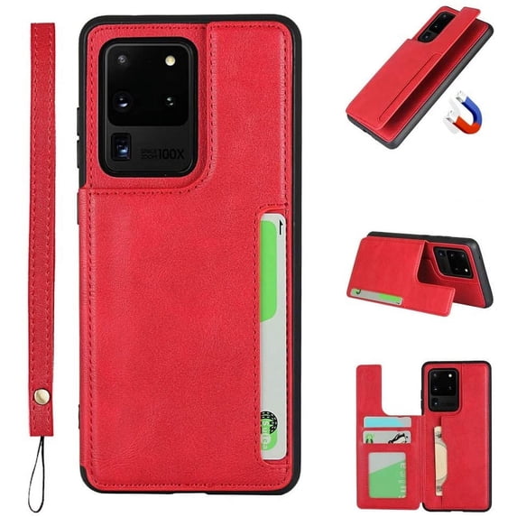 Galaxy S20 Ultra Luxury PU Leather Case,Credit Card Holder,Cash Slots,Stand Function Soft TPU Back Wallet Case Flip Wrist Strap Multi-Function Case for Samsung Galaxy S20 Ultra 6.9",Red