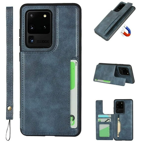Galaxy S20 Ultra Luxury PU Leather Case,Credit Card Holder,Cash Slots,Stand Function Soft TPU Back Wallet Case Flip Wrist Strap Multi-Function Case for Samsung Galaxy S20 Ultra 6.9",Blue