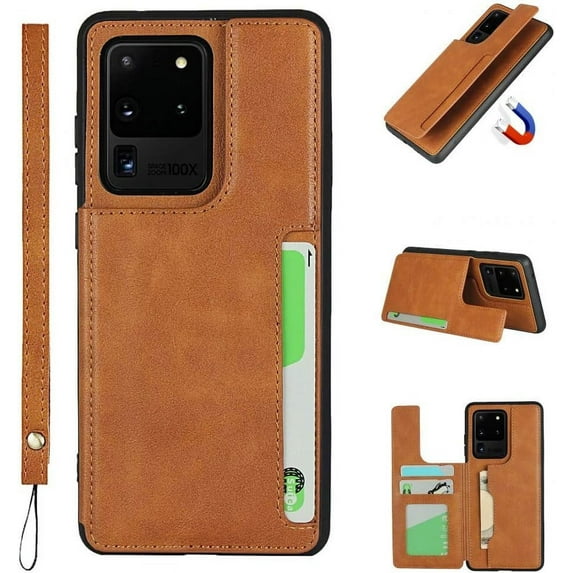 Galaxy S20 Ultra Luxury PU Leather Case,Credit Card Holder,Cash Slots,Stand Function Soft TPU Back Wallet Case Flip Wrist Strap Multi-Function Case for Samsung Galaxy S20 Ultra 6.9",Khaki