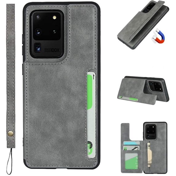 Galaxy S20 Ultra Luxury PU Leather Case,Credit Card Holder,Cash Slots,Stand Function Soft TPU Back Wallet Case Flip Wrist Strap Multi-Function Case for Samsung Galaxy S20 Ultra 6.9",Gray