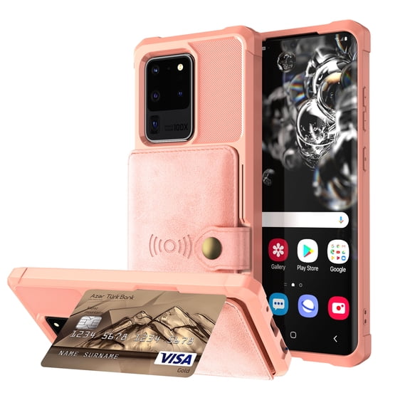 Galaxy S20 Ultra Wallet Case, Shockproof Rubber Card Holder Wallet PU Leather Back Phone Case Kickstand Protective Scratch Hybrid Bumper Shell for Samsung Galaxy S20 Ultra 6.9 inch 2020, Rosegold