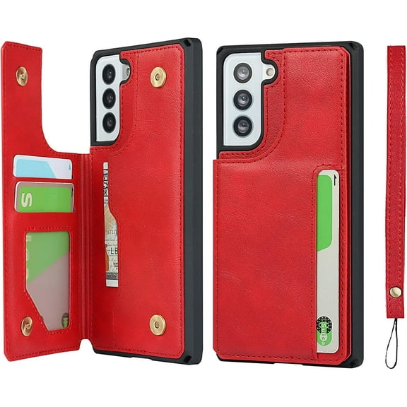 Galaxy S21 5G Credit Card Holder Case,Cash Slots,Double Magnetic Buttons Stand Function Soft TPU Back Wallet Case Flip Wrist Strap PU Leather Case for Samsung Galaxy S21 5G 6.2",Red