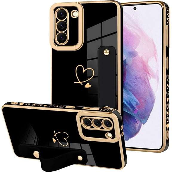 Galaxy S21 5G Luxury Electroplated Case with Strap Love Heart Plating Gold Bumper Cover for Women Girls Anti-Scratch Shockproof Back Phone Case for Samsung Galaxy S21 5G 6.2 Inch