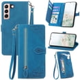 thumbnail image 1 of for Galaxy S21 5G Phone Case Wallet,S21 5G Wallet Case for Women,Emboss PU Leather Protective Cover Magnetic Wrist Strap Zipper Card Holder Flip Phone Case for Samsung Galaxy S21 5G (Blue), 1 of 7
