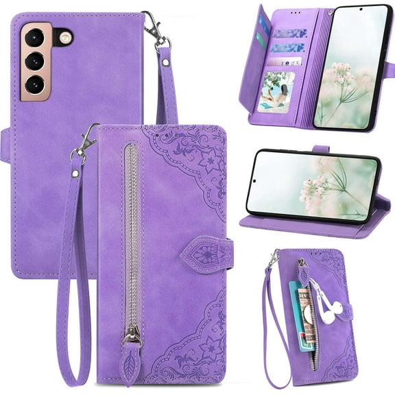 for Galaxy S21 5G Phone Case Wallet,S21 5G Wallet Case for Women,Emboss PU Leather Protective Cover Wrist Strap Zipper Card Holder Flip Phone Case for Samsung Galaxy S21 5G (Purple)