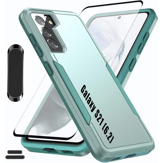 for Galaxy S21 6.2 Inch Double Layer Hybrid Military Grade Rugged Shock Resistant Drop Case with 1 PCS Magnetic Car Mount and 1 PCS HD Tempered Glass Screen Protector (Green)