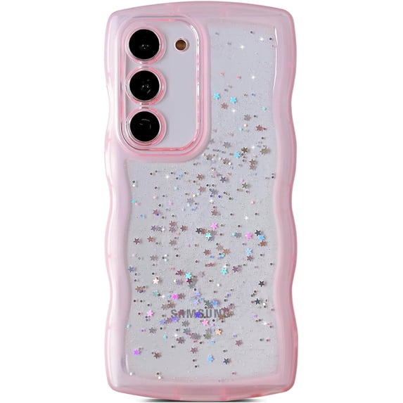 for Galaxy S21 Case 6.2", Curly Wavy Anti-Slip Grip Design Transparent Bling Glitter Star Shiny Case Cute Clear Sparkly Bumper Protection Soft Phone Cover Case for Women Girls, Pink