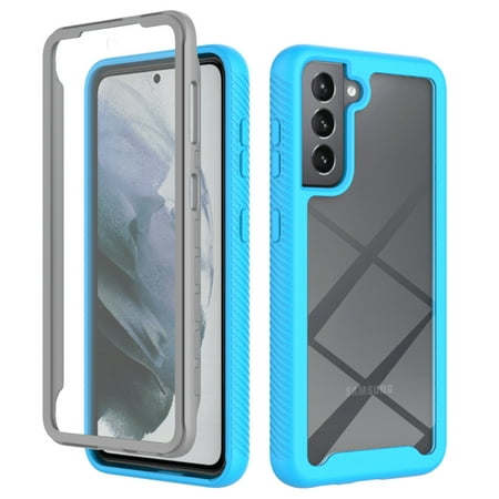 Galaxy S21 Case with Built in Screen Protector,Dteck Full-Body Shockproof Rubber Hybrid Protection Crystal Clear PC Back Protective Phone Case Cover for Samsung Galaxy S21,Blue