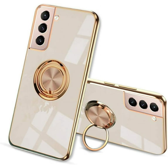 for Galaxy S21 Case with Ring, Built-in Rotation Finger Ring Kickstand Cover with Shiny Plating Rose Gold Edge Work with Magnetic Car Mount Slim Thin Bumper Case for Women Girls Rose Gold