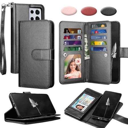 Galaxy S21 Case, Samsung Galaxy S21 Wallet Case, Takfox PU Leather Case Cash ID Credit Card Slots Holder Carrying Flip Phone Case Cover Kickstand Detachable Magnetic Hard Cases & Hand Strap, Black