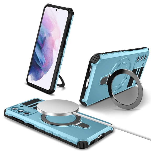 for Galaxy S21 Case with Stand, Magnetic Rugged Military Grade Shockproof Portective Case Compatible with MagSafe Wireless Charger&Magnetic Car Mount Holder For Samsung Galaxy S21, Lightblue