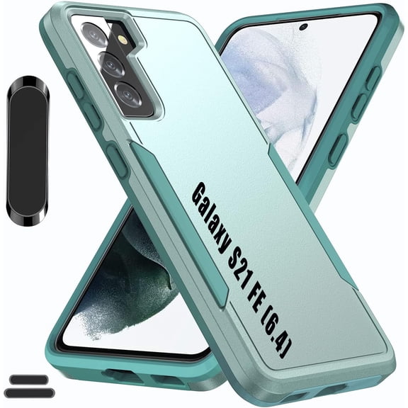 for Galaxy S21 FE(5G) 6.4 Inch Double Layer Hybrid Military Grade Rugged Shock Resistant Drop Case with 1 PCS Magnetic Car Mount and 2 PCS HD Tempered Glass Screen Protector (Green)