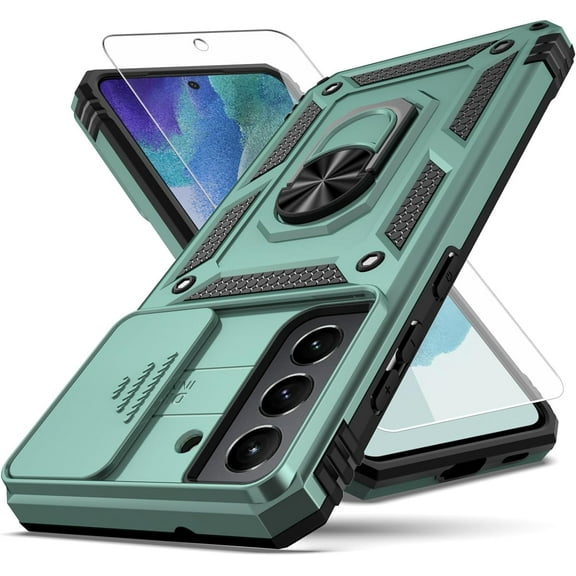 for Galaxy S21 FE 5G Case,with Camera Lens Cover HD Screen Protector,[Military Grade] Ring Car Mount Kickstand Hybrid Hard PC Soft TPU Shockproof Protective Case for Samsung Galaxy S21 FE-Green