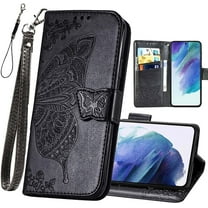 for Galaxy S21 FE 5G Wallet Case,Women Flip Folio Cover with Butterfly Embossed PU Leather Stand Card Holder Magnetic Wrist Strap Phone Case for Samsung Galaxy S21 FE 6.4" (Black)