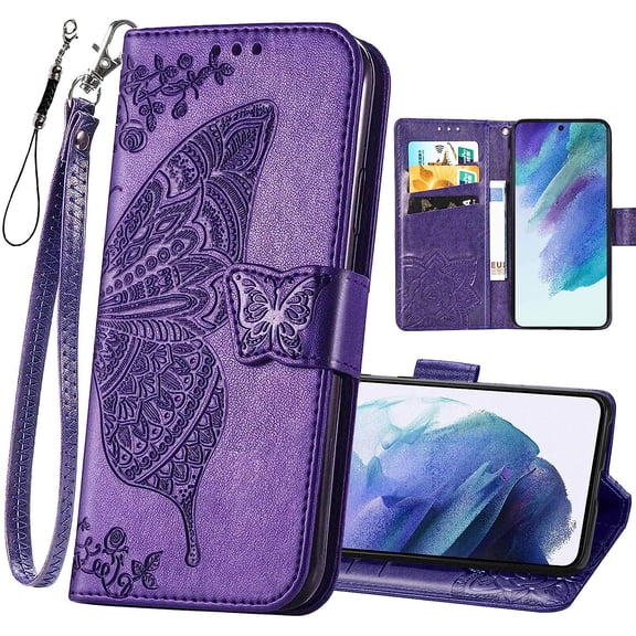 for Galaxy S21 FE 5G Wallet Case,Women Flip Folio Cover with Butterfly Embossed PU Leather Stand Card Holder Magnetic Wrist Strap Phone Case for Samsung Galaxy S21 FE 6.4" (Purple)