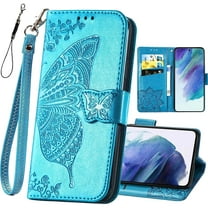 for Galaxy S21 FE 5G Wallet Case,Women Flip Folio Cover with Butterfly Embossed PU Leather Stand Card Holder Wrist Strap Phone Case for Samsung Galaxy S21 FE 6.4" (Blue)