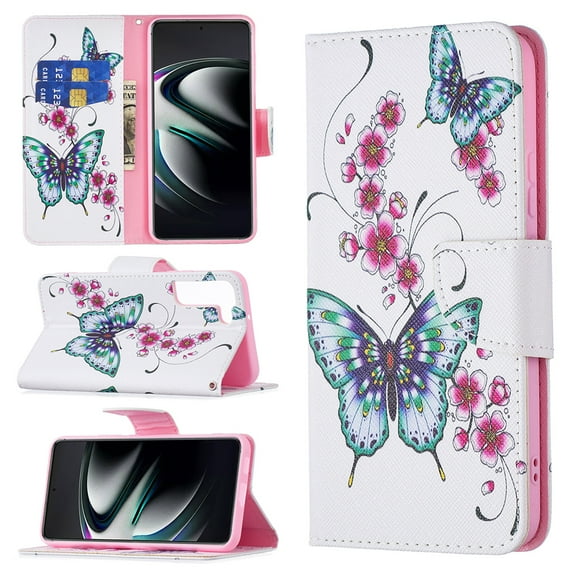 Galaxy S21 FE Case Cute Embossed Pattern Premium Leather Wallet Cover Flip Stand Credit Card Slots Pocket Holder Magnetic Closure Folio Case for Samsung Galaxy S21 FE, Peach Blossom Butterfly