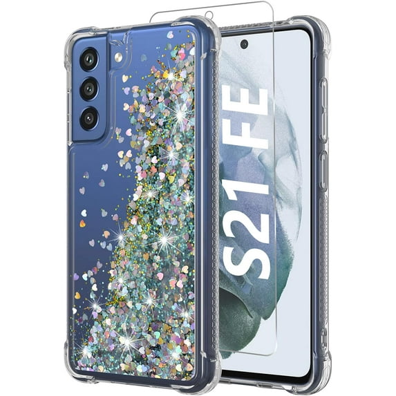 for Galaxy S21 FE Case,Samsung S21 FE Case,with HD Screen Protector, Shockproof Protective Clear Case for Girls Women,Bling Sparkle Quicksand Hard Shell TPU Case for Samsung Galaxy S21 FE, Silver